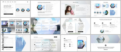 Vector templates for website design, presentations, portfolio. Templates for presentation slides, flyer, leaflet, brochure cover, report. Corporate identity business concept background with hexagons.
