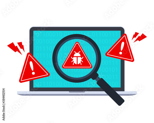 Computer bug detection icon. System error warning on a laptop. Emergency alert. Scanning for malware, virus, scam, or bug with a magnifying glass. Antivirus concept. Illustration with the flat style. photo