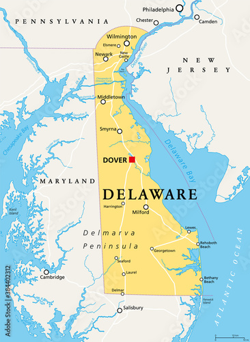 Delaware  DE  political map. State in the Mid-Atlantic region of the United States of America. Capital Dover. The First State  The Small Wonder  Blue Hen State  The Diamond State. Illustration. Vector