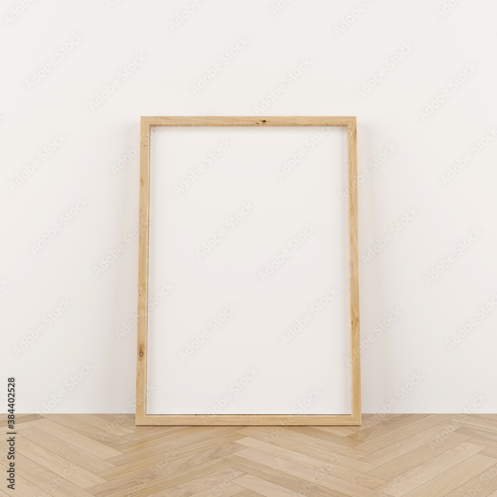 Vertical wooden frame mock up. Wooden frame poster on wooden floor with white wall. 3D illustrations. Vertical wooden frame mock up. Wooden frame poster on wooden floor with white wall. 3D illustrations.