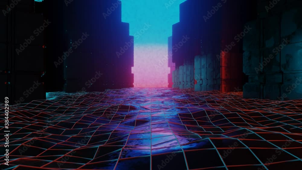 Retro abstract futuristic abstract tunnel in cyberspace. Floating 3D render animation in seamless loop, motion design. Future technology landscape, geometric grid, abstract polygon synthwave