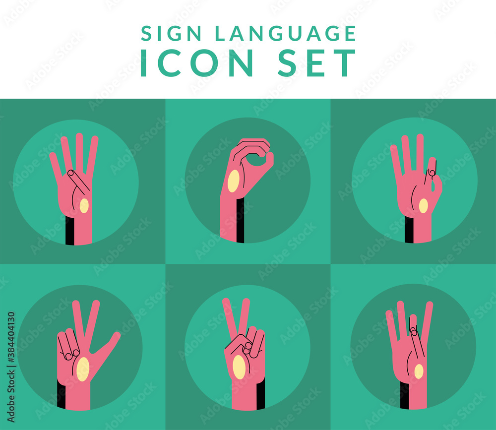 Fototapeta premium hand sign language alphabet line and fill style collection of icons vector design