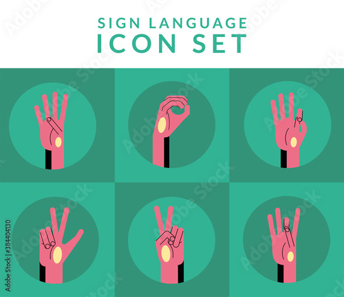 hand sign language alphabet line and fill style collection of icons vector design