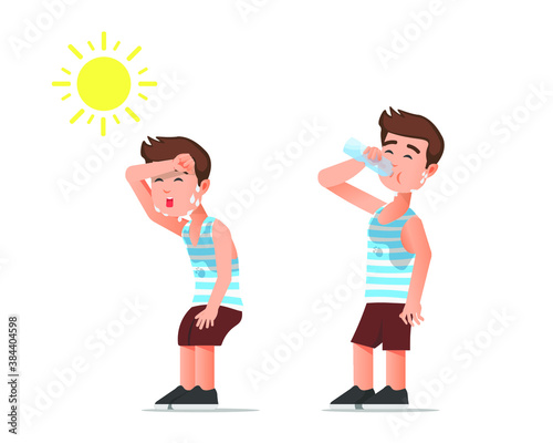 A boy feels hot then drinks mineral water