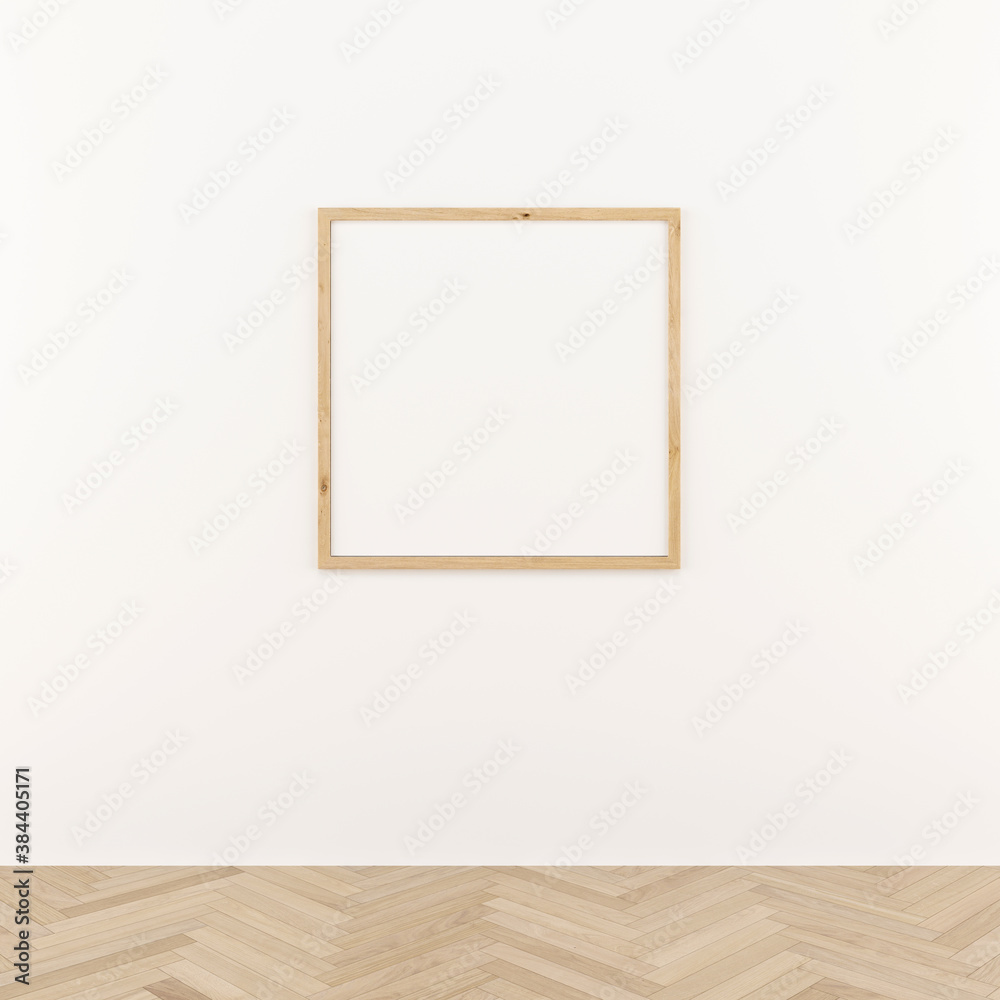Thin square wooden frame on white wall. 3d illustration. Thin square wooden frame on white wall. 3d illustration.