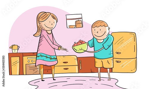 Little boy helping her mother in home in household work, Cute Vector illustration