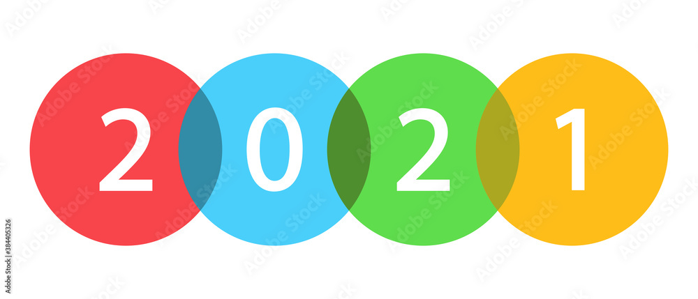 2021 New Year numbers in color transparent circles. Happy New Year logo design. 2021 text design template. Vector illustration.