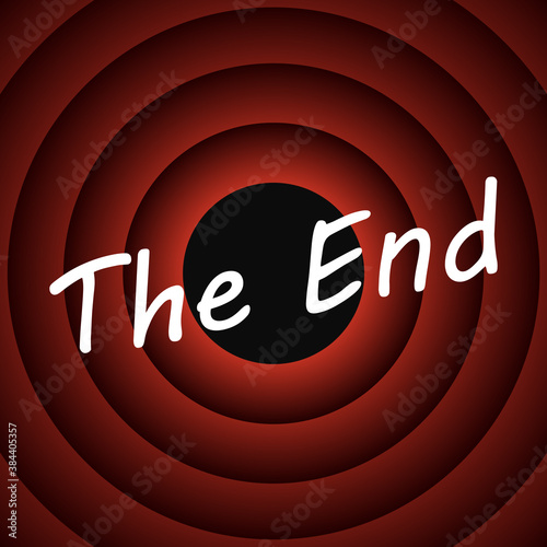 The End movie screen. Old Movie ending vintage vector background. Retro cinema red gradient circle frame. Vector illustration.