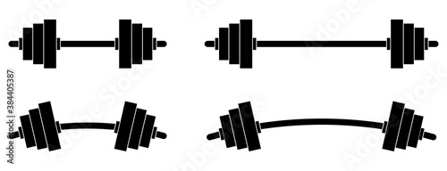 Set of dumbbells and barbells for the gym. Black icon for fitness and sports center. Barbell and dumbbells logo design. Vector illustration, EPS10. photo