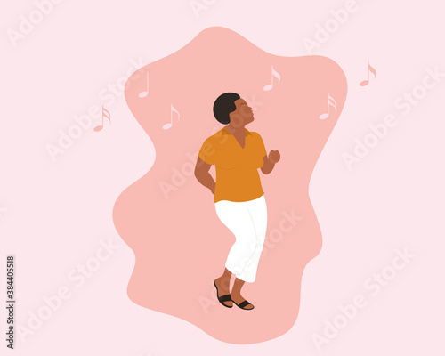 Flat design dancing black woman with afro hair, vector illustration