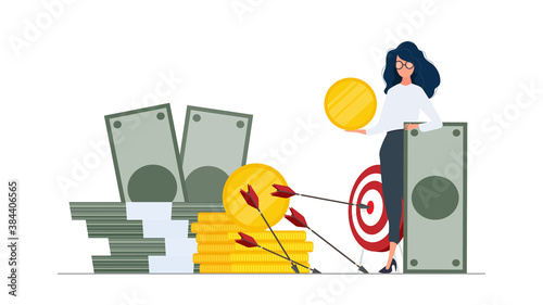 Woman and a mountain of money. The girl stands near gold coins and large dollar bills. A bundle of money. The concept of a successful business, earnings and wealth.  Isolated. Vector.