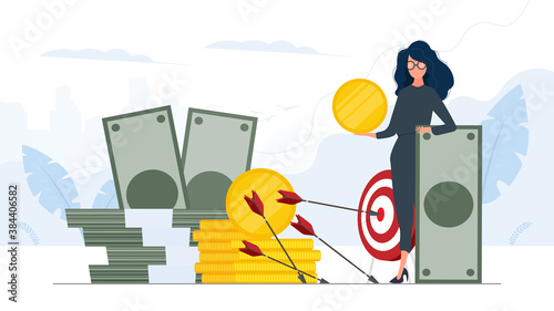 Woman and a mountain of money. The girl stands near gold coins and large dollar bills. A bundle of money. The concept of a successful business, earnings and wealth. Vector.