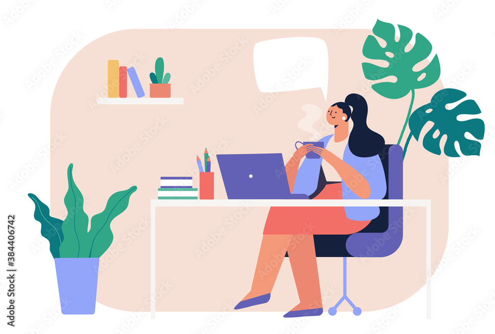 Woman sitting with laptop at a table in the office and drinking hot coffee. Break from work in the office. Flat vector illustration