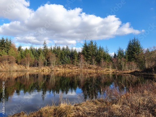 Scottish West Highland Way lake with forest reflection and blue cloudy sky