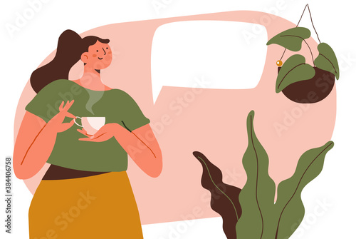 Woman holding hot drink flat vector illustration. Relaxing at home flat vector illustration.