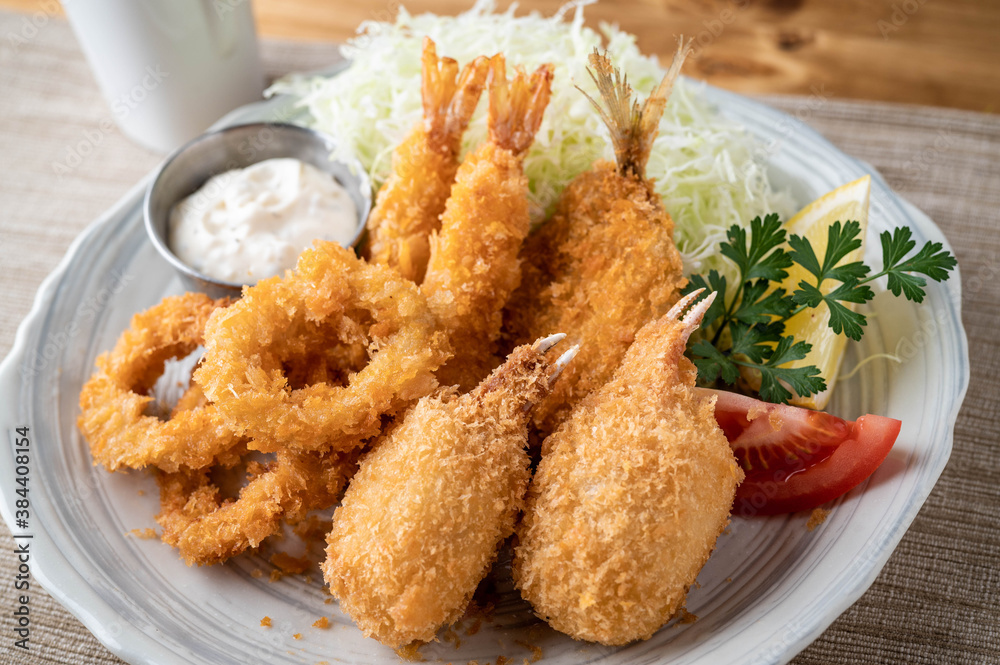 japanese deep fied seafood with cabbage and tartar sauce japanese deep fied seafood with cabbage and tartar sauce