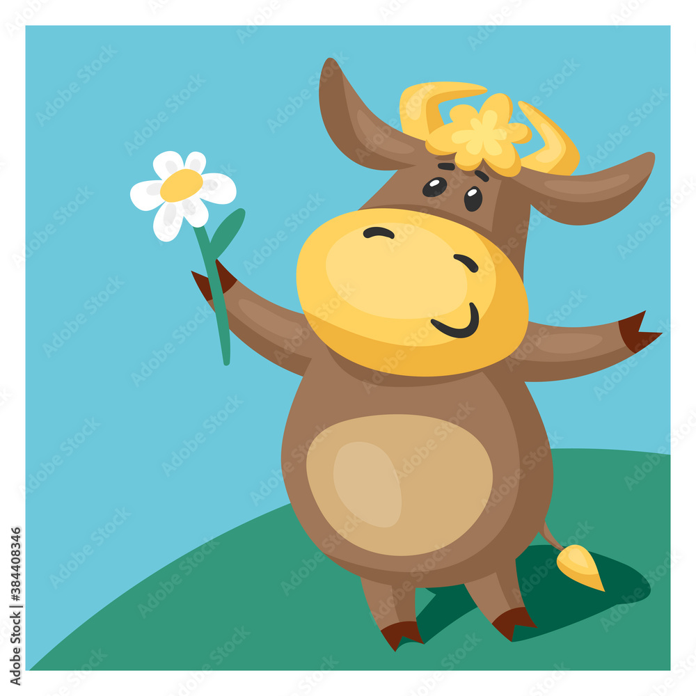 Funny bull or cow symbol of the new year 2021 holding a daisy flower. Vector cartoon illustration or postcard. Funny bull or cow symbol of the new year 2021 holding a daisy flower. Vector cartoon illustration or postcard.