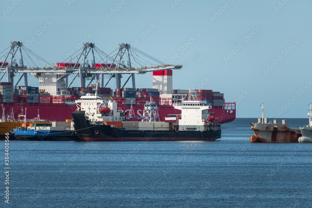 
bay in montevideo port with cargo ships