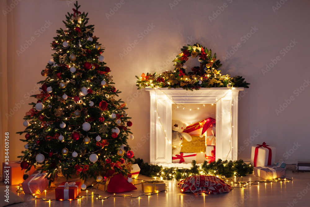 Christmas tree pine with gifts lights garland night New Year's