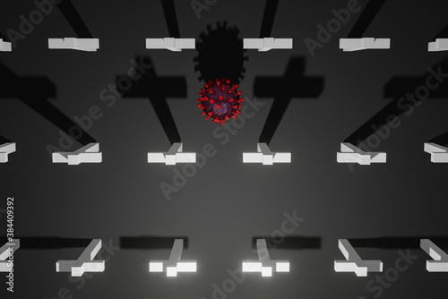 Coronavirus covid-19 death with grave crosses. Bare cross in graveyard cemetery. 3D illustration