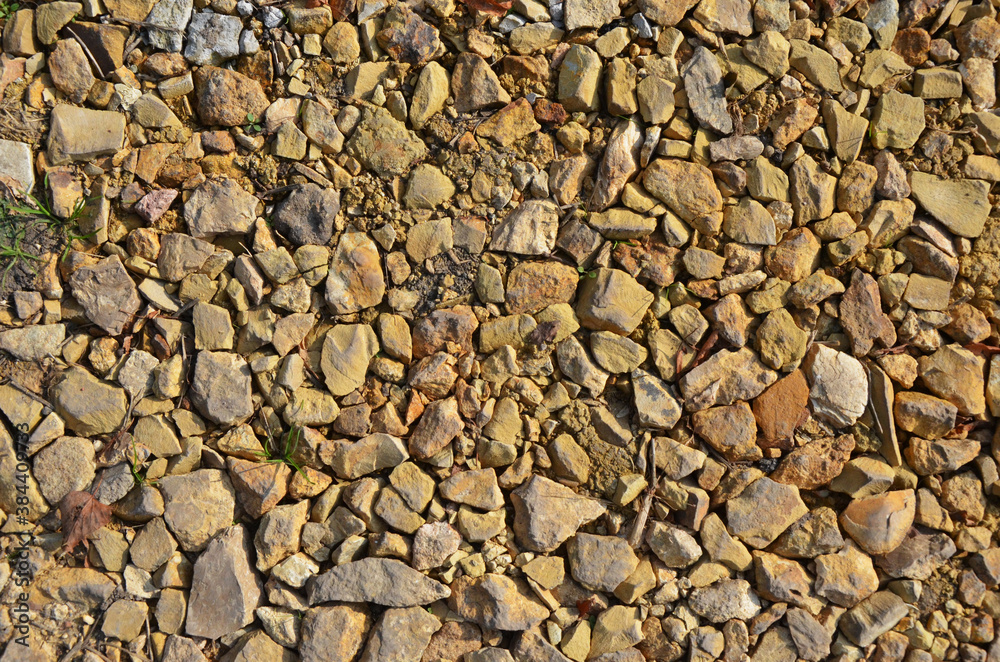 Background of scattered yellow stones. A road made of rubble. Small grass among the rocks. Background of scattered yellow stones. A road made of rubble. Small grass among the rocks.