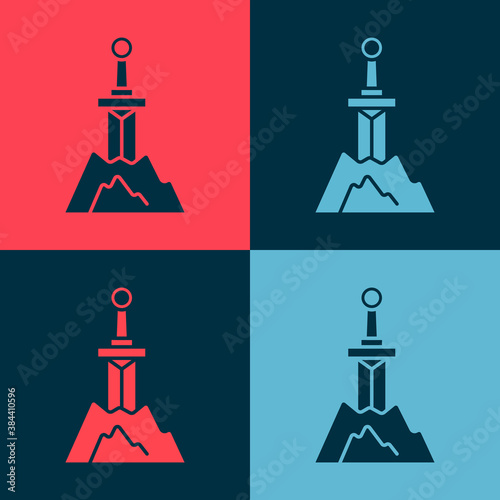 Pop art Sword in the stone icon isolated on color background. Excalibur the sword in the stone from the Arthurian legends. Vector.