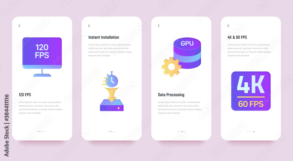Cloud gaming mobile user interface with gradient icons: 120 FPS, data processing, instant installation, live streaming 4K and 60 FPS. Vector illustration.