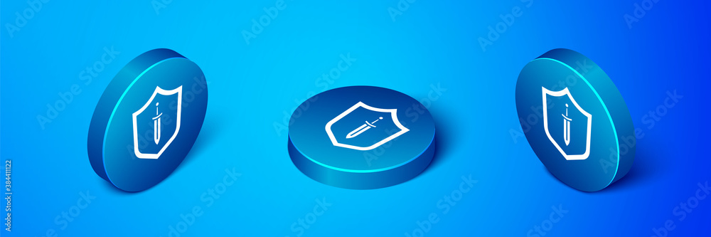 Isometric Medieval shield with sword icon isolated on blue background. Blue circle button. Vector.