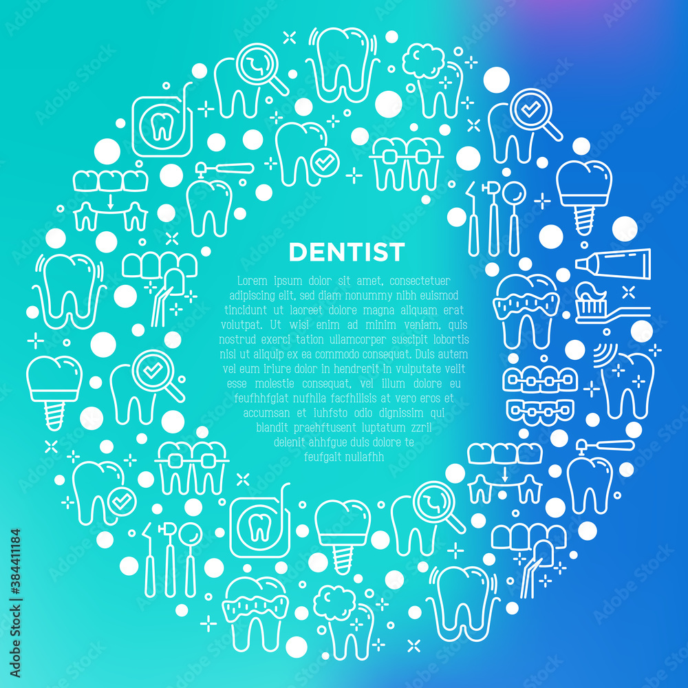 Dentist concept in circle with thin line icons: dental instruments, caries under magnifier, orthodontics, tooth extraction, veneers, tooth whitening, implant, braces, calculus. Vector illustration.