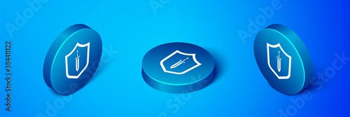 Isometric Medieval shield with sword icon isolated on blue background. Blue circle button. Vector.