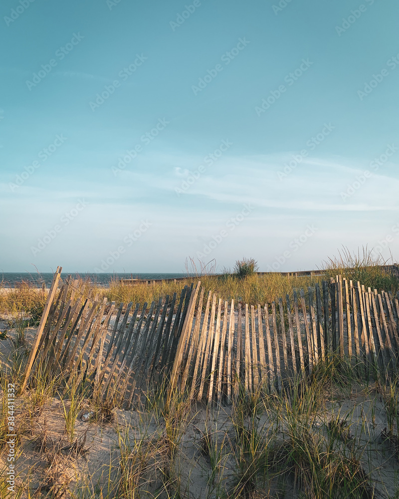 Sand dunes and fence in Long Beach, Long Island, New York