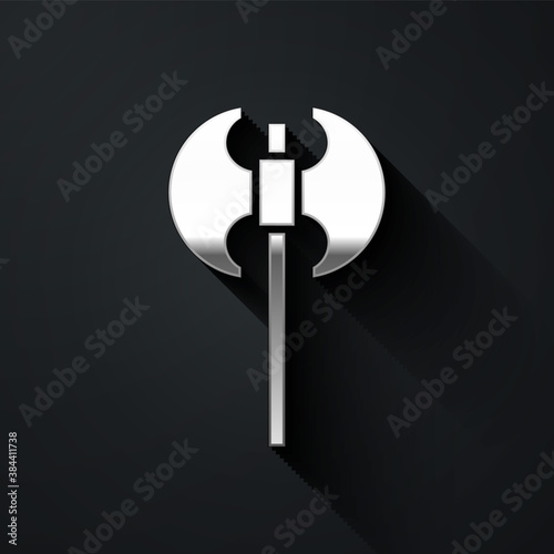 Silver Medieval axe icon isolated on black background. Battle axe, executioner axe. Medieval weapon. Long shadow style. Vector.