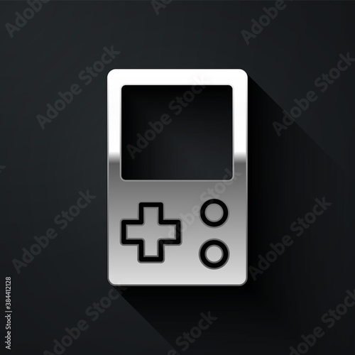 Silver Portable tetris electronic game icon isolated on black background. Vintage style pocket brick game. Interactive playing device. Long shadow style. Vector.