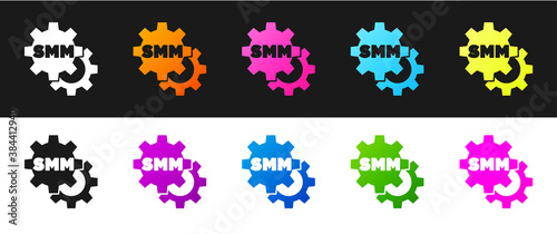 Set SMM icon isolated on black and white background. Social media marketing, analysis, advertising strategy development. Vector.