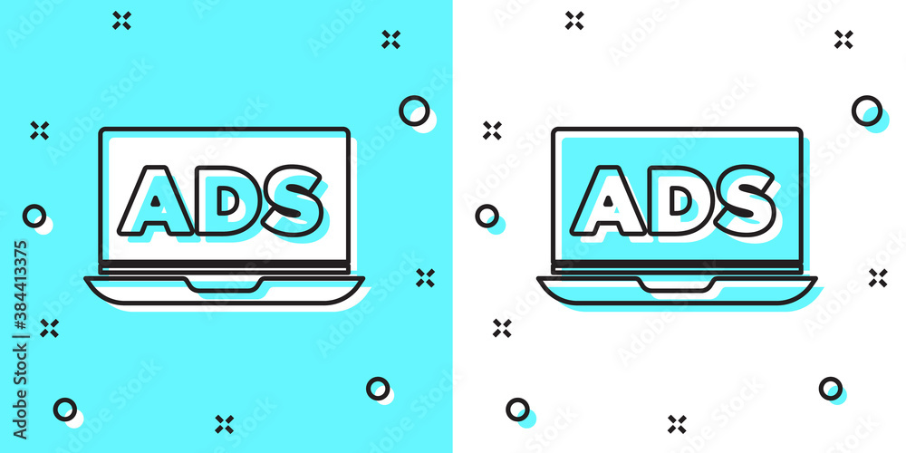 Black line Advertising icon isolated on green and white background. Concept of marketing and promotion process. Responsive ads. Social media advertising. Random dynamic shapes. Vector.