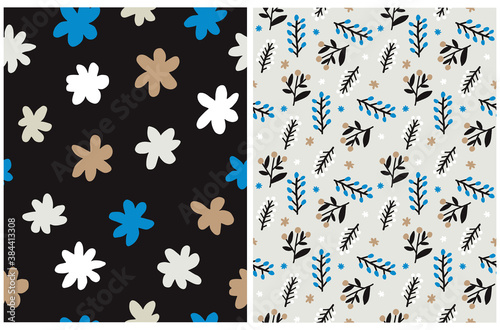 Funny Floral Seamless Vector Pattern. Abstract Freehand Flowers Print. Colorful Hand Drawn Flowers and Twigs Isolated od a Black and Light Gray Background.Cute Abstract Garden Design.
