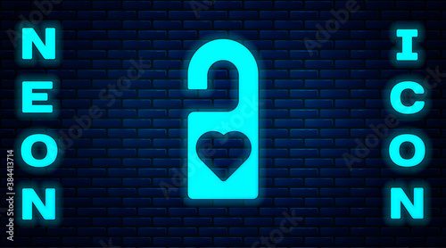 Glowing neon Please do not disturb with heart icon isolated on brick wall background. Hotel Door Hanger Tags. Vector.