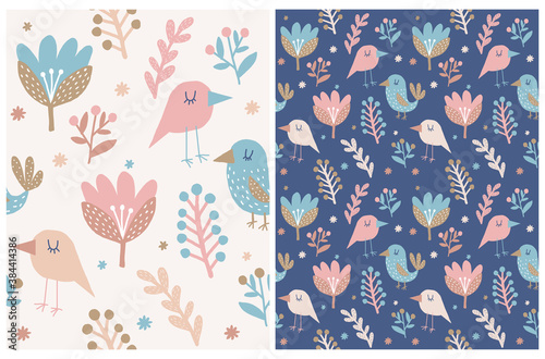 Funny Floral Seamless Vector Pattern. Abstract Freehand Flower and Birds Print.Pastel Color Hand Drawn Flowers and Birds Isolated od a Light Beige and Dark Blue Background.Cute Abstract Garden Design.