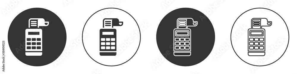 Black Cash register machine with a check icon isolated on white background. Cashier sign. Cashbox symbol. Circle button. Vector. Black Cash register machine with a check icon isolated on white background. Cashier sign. Cashbox symbol. Circle button. Vector.