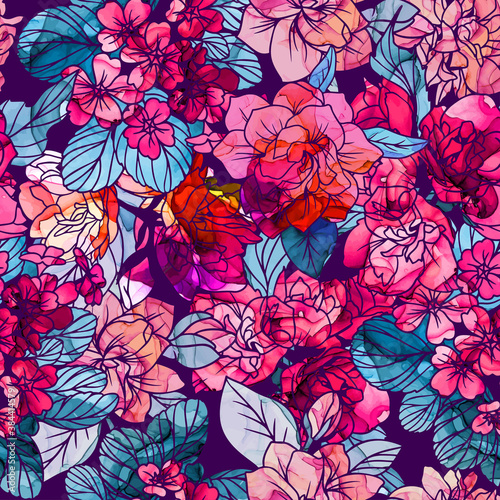Seamless pattern, flowers with alcohol ink texture