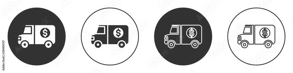 Black Armored truck icon isolated on white background. Circle button. Vector. Black Armored truck icon isolated on white background. Circle button. Vector.