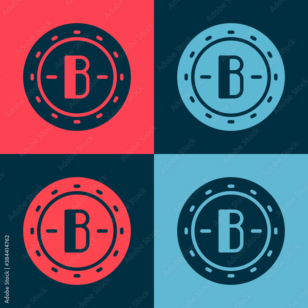 Obraz premium Pop art Cryptocurrency coin Bitcoin icon isolated on color background. Physical bit coin. Blockchain based secure crypto currency. Vector.