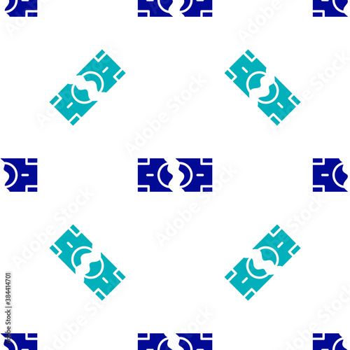 Blue Tearing apart money banknote into two peaces icon isolated seamless pattern on white background. Vector.