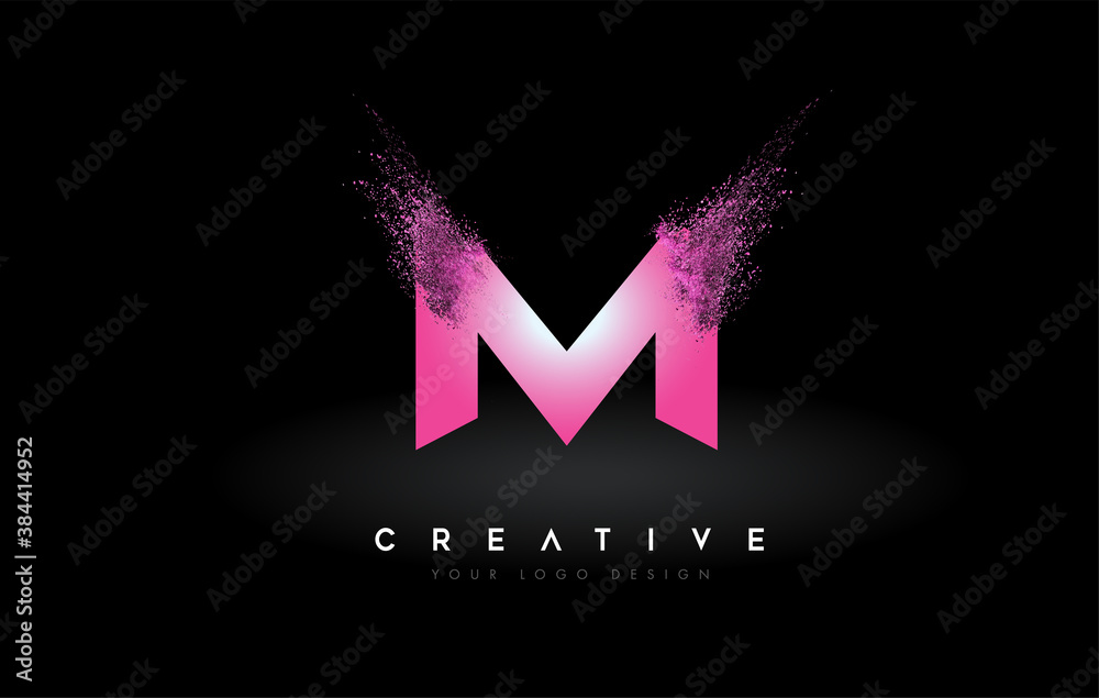 M Letter Logo with Dispersion Effect and Purple Pink Powder Particles Expanding Ash