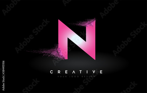 N Letter Logo with Dispersion Effect and Purple Pink Powder Particles Expanding Ash