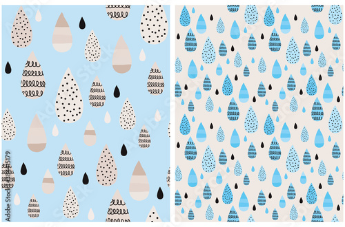 Simple Rainy Seamless Vector Print. Blue and Gray Hand Drawn Drops Isolated on a Blue and Light Beige Background. Irregaular Geometric Repeatable Design. Freehand Rain Drops with Brush Spots.