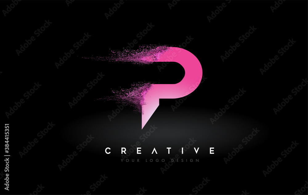 P Letter Logo with Dispersion Effect and Purple Pink Powder Particles ...