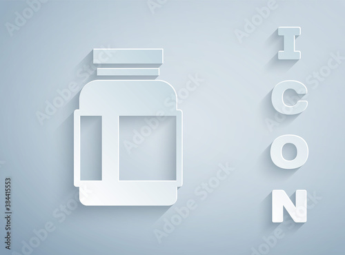 Paper cut Sports nutrition bodybuilding proteine power drink and food icon isolated on grey background. Paper art style. Vector.
