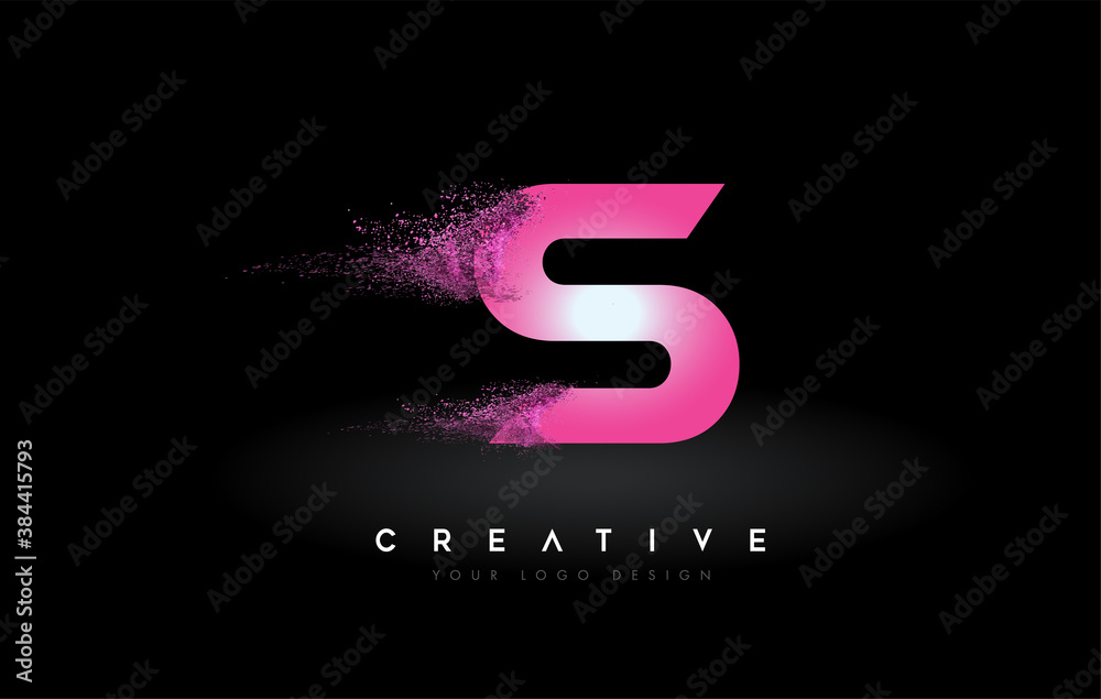 S Letter Logo with Dispersion Effect and Purple Pink Powder Particles Expanding Ash