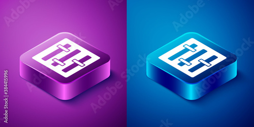 Isometric Sound mixer controller icon isolated on blue and purple background. Dj equipment slider buttons. Mixing console. Square button. Vector.